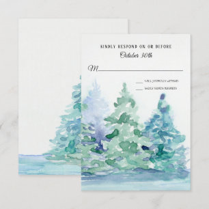 Invitación RSVP Boda Lago Azul con pinos de montaña