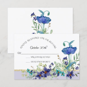 Invitación RSVP Boda Lavanda Azul Amapola Floral Acuarela