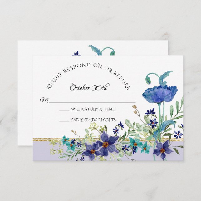 Invitación RSVP Boda Lila Azul Amapola Acuarela Floral (Anverso / Reverso)