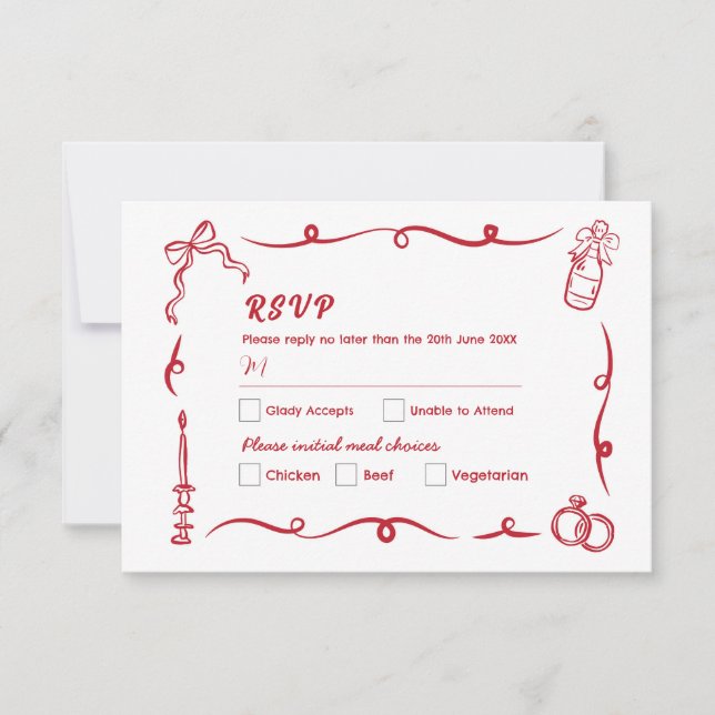 Invitación RSVP Boda mano dibujada rojo caprichoso (Anverso)