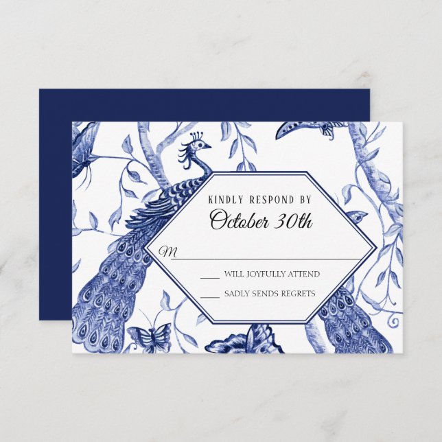 Invitación RSVP Boda Navy Chinoiserie Pavón Mariposas (Anverso / Reverso)