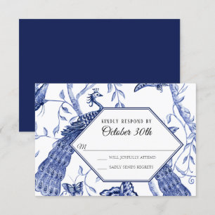 Invitación RSVP Boda Navy Chinoiserie Pavón Mariposas