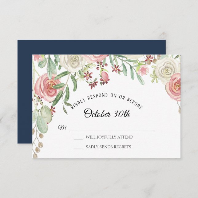 Invitación RSVP Boda Navy Pale Rubor Marfil Rosas (Anverso / Reverso)
