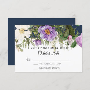 Invitación RSVP Boda Navy Rosa de marfil morado Peony Ferns