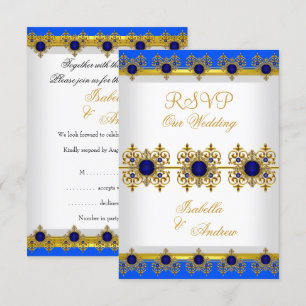 Invitación RSVP Boda Oro Azul Real Gema Blanco