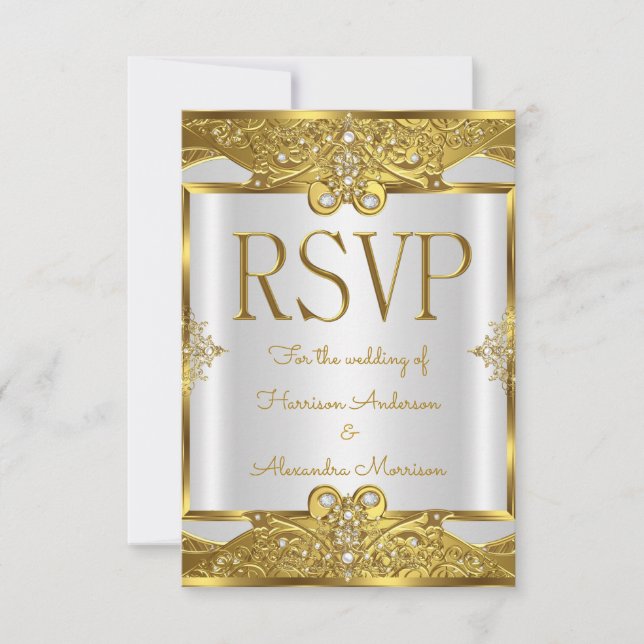 Invitación RSVP Boda Oro Blanco Perlas Marco Dorado (Anverso)