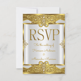 Invitación RSVP Boda Oro Blanco Perlas Marco Dorado