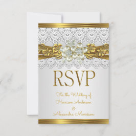 Invitación RSVP Boda Perla Blanca Encaje Floral Dorado