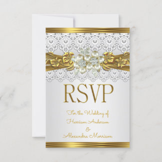 Invitación RSVP Boda Perla Blanca Encaje Floral Dorado