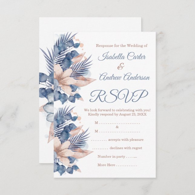 Invitación RSVP Boda Rosado Azul Melocotón Beige Floral Blanc (Anverso / Reverso)