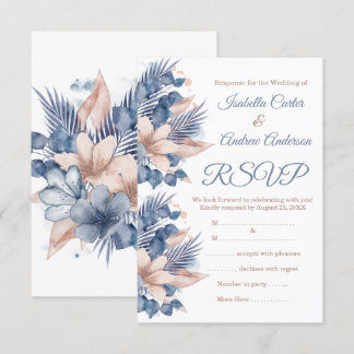 Invitación RSVP Boda Rosado Azul Melocotón Beige Floral Blanc