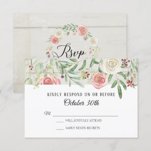 Invitación RSVP Boda Rosas Beige Marfil Rustico Tablón de Mad