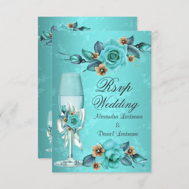 Invitación RSVP Boda Rosas Flores Champán Azul Teal  (Anverso / Reverso)