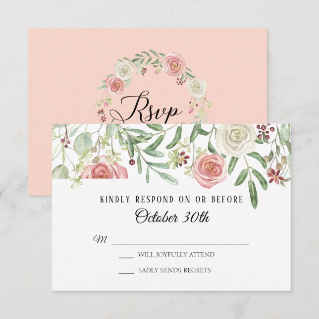 Invitación RSVP Boda Rosas Marfil con Hojas Follaje Hoja (Anverso / Reverso)