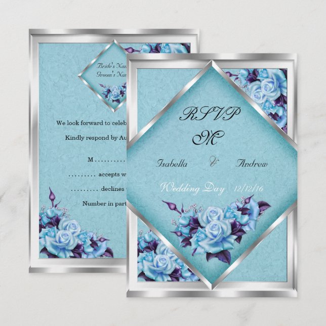 Invitación RSVP Boda Rosas Moradas Teal Plata Ramo (Anverso / Reverso)