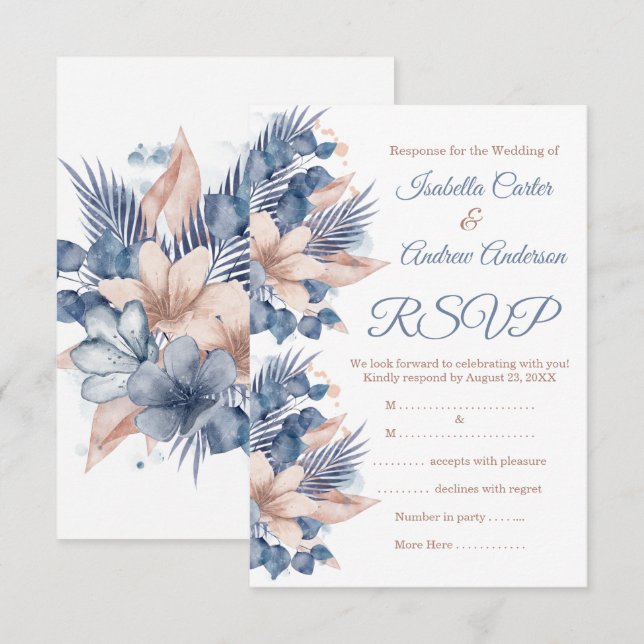 Invitación RSVP Boda Rubor Azul Melocotón Beige Floral Blanco (Anverso / Reverso)