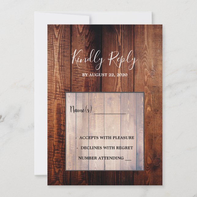 Invitación RSVP boda rústica de país con escritura de madera  (Anverso)