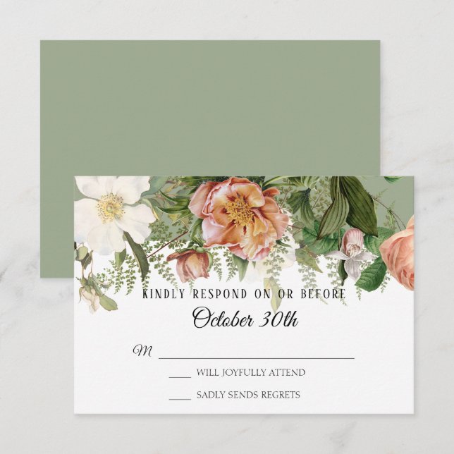Invitación RSVP Boda Sage Tinte Marfil Rosa Peonía Helechos (Anverso / Reverso)