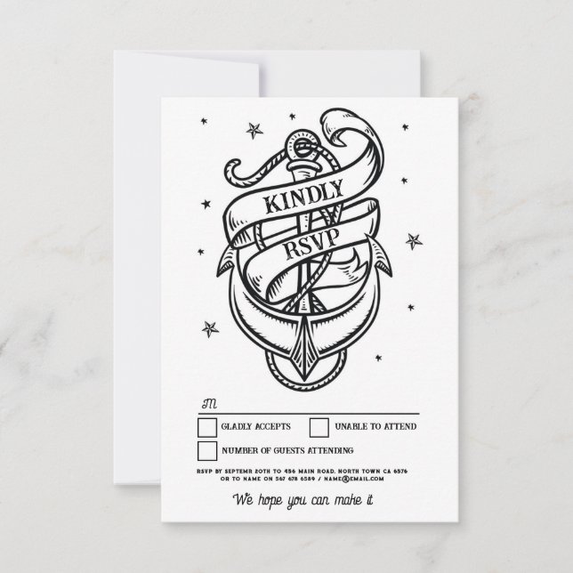 Invitación RSVP Boda Tattoo Anclaje de rock tradicional (Anverso)