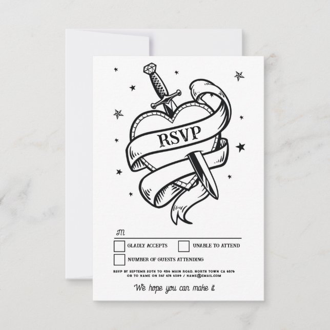 Invitación RSVP Boda Tattoo Corazón de rock tradicional (Anverso)
