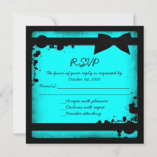 Invitación RSVP boda verde azulada con cinta negra azul
