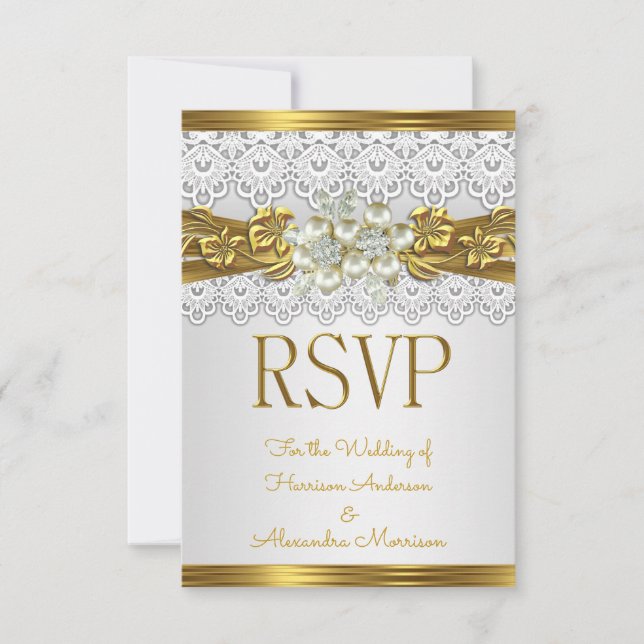 Invitación RSVP Boda White Pearl Gold Lace Floral (Anverso)