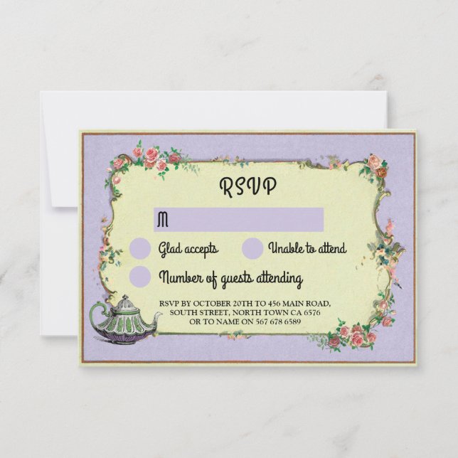 Invitación RSVP Boda Wonderland Teapot Purple Flowers (Anverso)