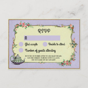 Invitación RSVP Boda Wonderland Tetera Flores Purpura