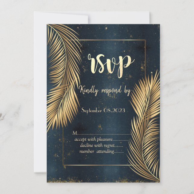 Invitación RSVP Bodas de Playa con Hojas de Palma Doradas (Anverso)