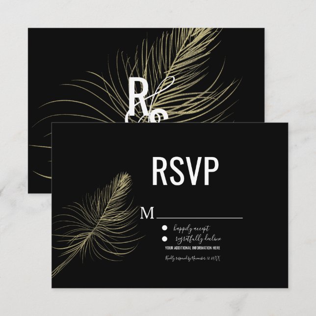Invitación RSVP Bohemio Pluma Dorada Falsa Minimalista (Anverso / Reverso)