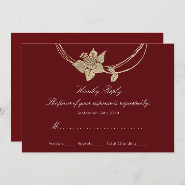 Invitación RSVP Borgoña Floral de Oro Corona Boda (Anverso / Reverso)