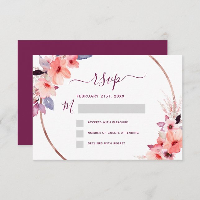 Invitación RSVP Borgoña Floral Rosa Dorado Boda Geométrica (Anverso / Reverso)