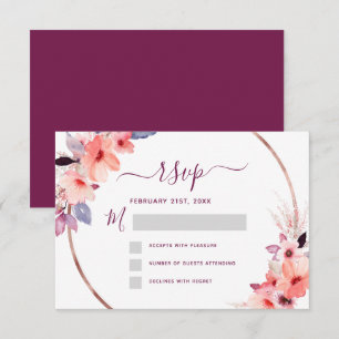 Invitación RSVP Borgoña Floral Rosa Dorado Geométrico Boda