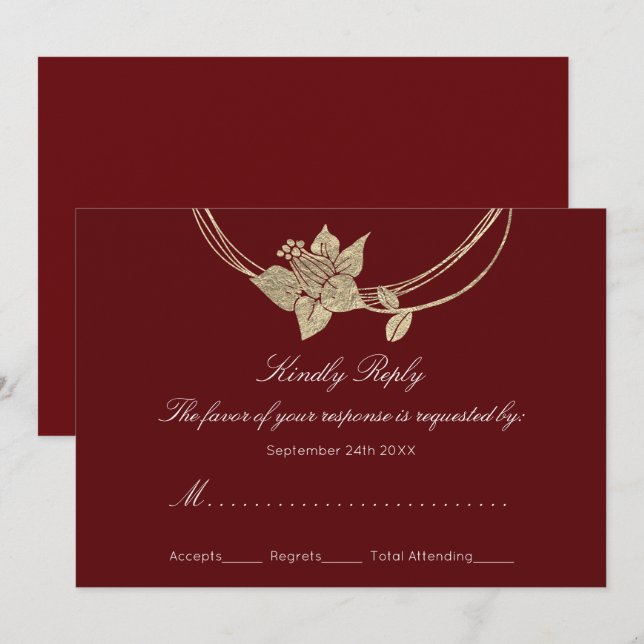Invitación RSVP Borgoña Rojo Dorado Corona Floral Boda (Anverso / Reverso)