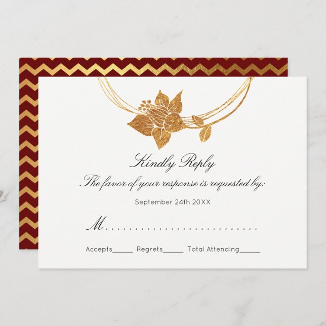 Invitación RSVP Burgundy Maroon Gold Floral Wreath Chevron (Anverso / Reverso)