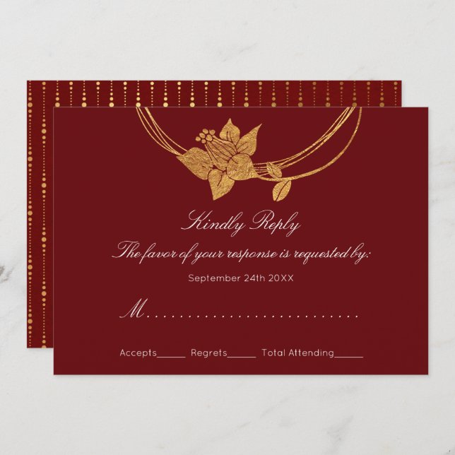 Invitación RSVP Burgundy Maroon Gold Floral Wreath Lux (Anverso / Reverso)