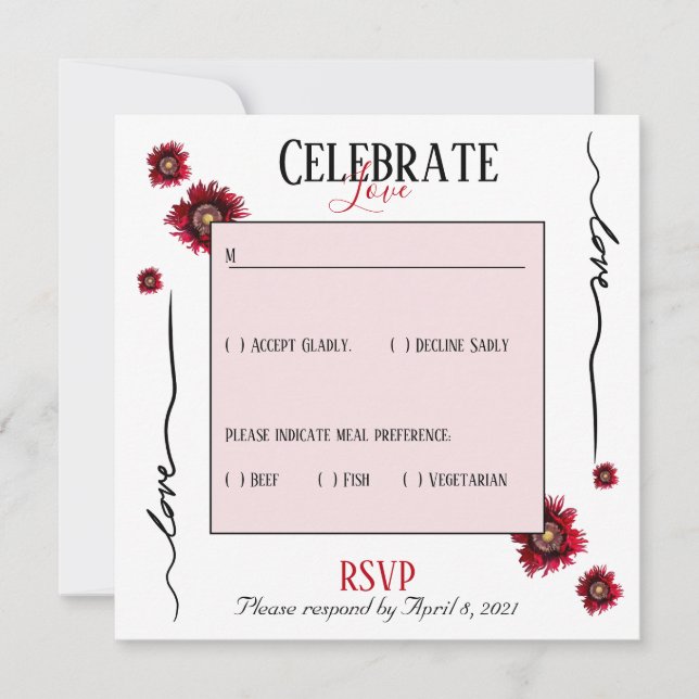 Invitación RSVP celebra amor y flores rojas (Anverso)
