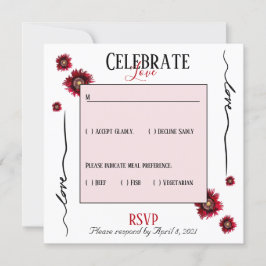 Invitación RSVP celebra amor y flores rojas