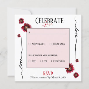 Invitación RSVP celebra amor y flores rojas