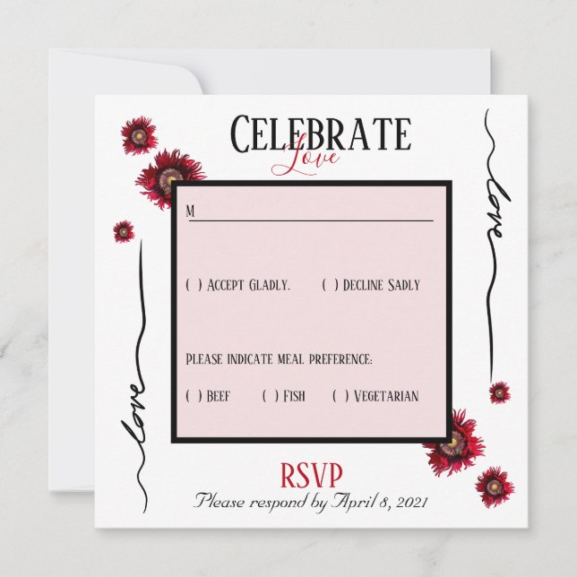 Invitación RSVP celebra amor y flores rojas (Anverso)