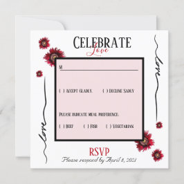 Invitación RSVP celebra amor y flores rojas