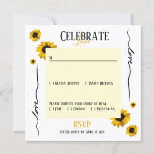 Invitación RSVP celebra amor y girasoles dorados