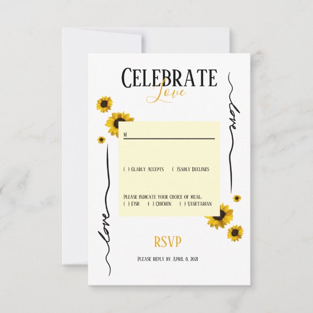 Invitación RSVP celebra amor y girasoles dorados (Anverso)