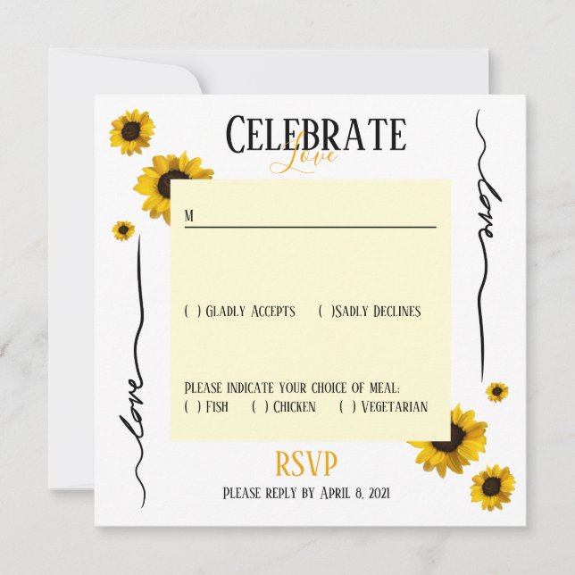 Invitación RSVP celebrar amor y girasoles dorados (Anverso)