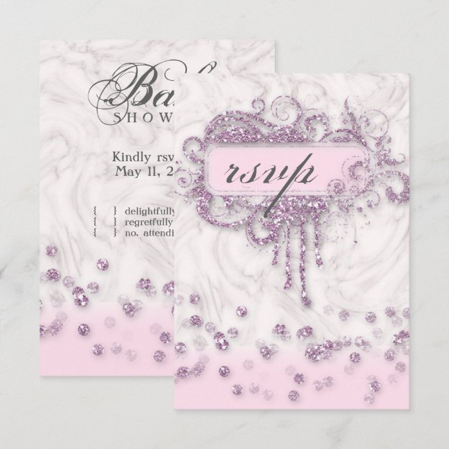 Invitación RSVP Chica Baby Shower Purpurina rosa de mármol Co (Anverso / Reverso)
