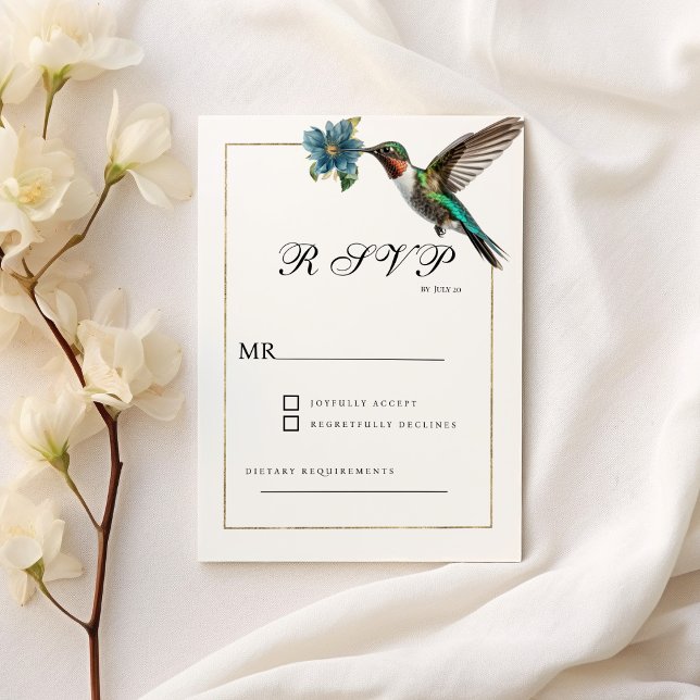 Invitación RSVP, colibrí de color oro blanco simple (Simple white gold colorful hummingbird RSVP)