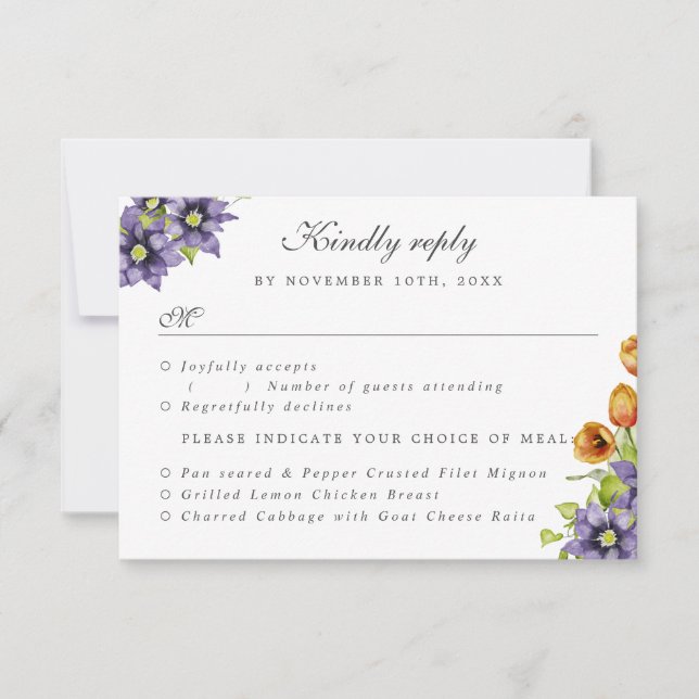 Invitación RSVP con opciones de comida flores de primavera ac (Anverso)
