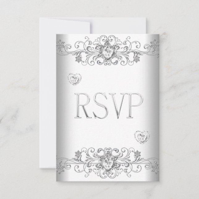 Invitación RSVP Corazón de diamante blanco Boda blanco puro (Anverso)