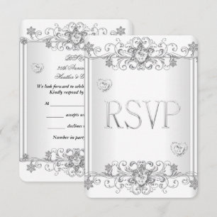 Invitación RSVP Corazones de Diamante Blanco Plata 2