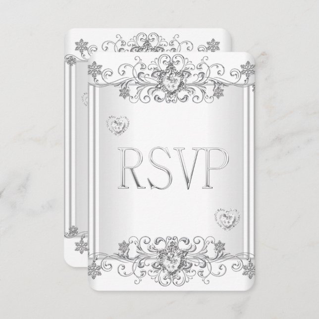 Invitación RSVP Corazones de Diamante Blanco Plata 2 (Anverso / Reverso)